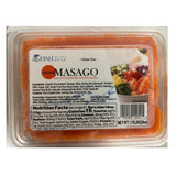 Packaged Frozen Masago Capelin Roe, Orange Sushi Caviar with label on a white background