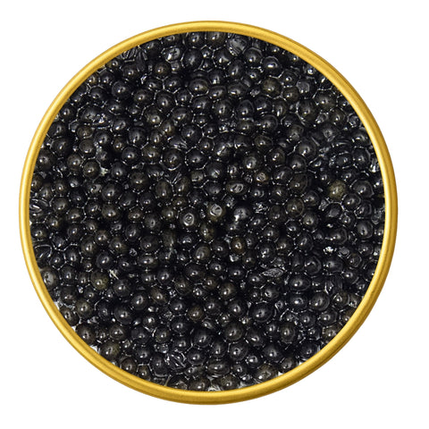 Close-up of a container with American Sturgeon Hackleback Malossol Black Caviar on a white background