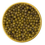 Close-up of a container with Imperial Osetra Malossol Golden Black Caviar on a white background