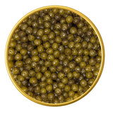 Close-up of a container with Imperial Osetra Malossol Golden Black Caviar on a white background