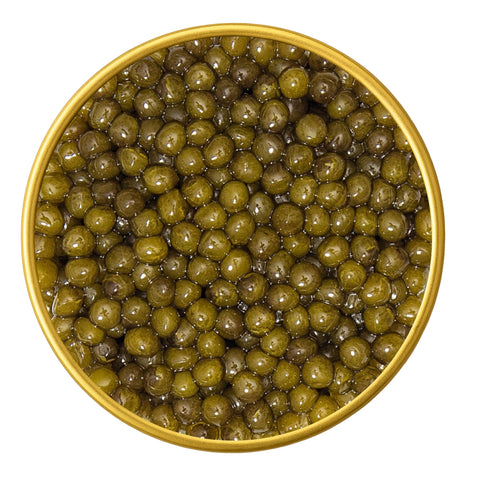 Close-up of a container with Imperial Osetra Malossol Golden Black Caviar on a white background