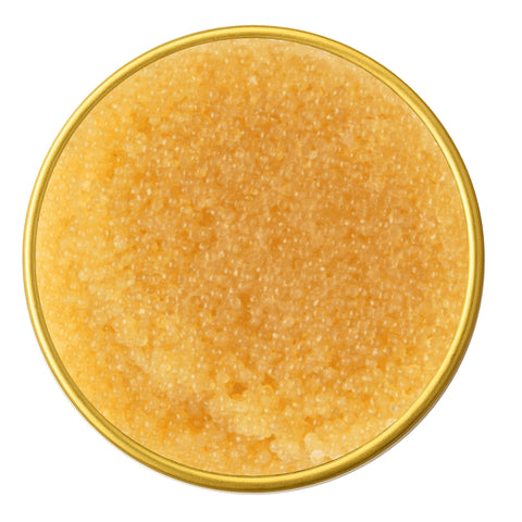 Close-up of Original Golden Pike Roe Small Grain Caviar in a container on a white background