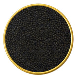 Close-up of a container with Premium Sevruga Sturgeon Malossol Black Caviar on a white background