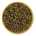 Close-up of a container with River Beluga Gold Malossol Black Caviar on a white background