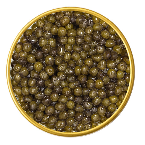 Close-up of a container with River Beluga Gold Malossol Black Caviar on a white background