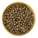 Close-up of a container with Royal Osetra Malossol Black Caviar on a white background