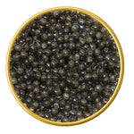 Close-up of a container with Russian Osetra Malossol Black Caviar on a white background