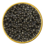 Close-up of a container with Russian Osetra Malossol Black Caviar on a white background