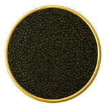 Close-up of a container with Sevruga Sterlet Golden Sturgeon Malossol Black Caviar on a white background