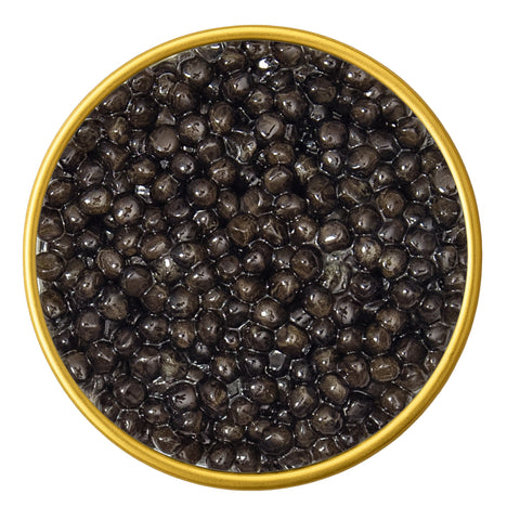 Close-up of a container with Siberian Osetra Malossol Black Caviar on a white background