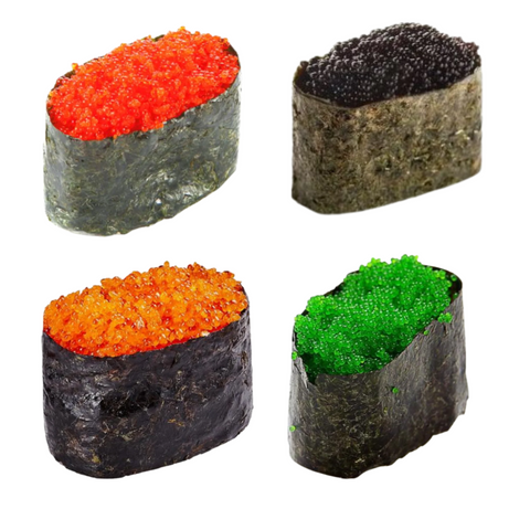 Four pieces of sushi with different toppings of Tobiko Flying Fish Roe Orange, Red, Green (Wasabi), and Black