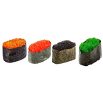 Four pieces of sushi with different toppings of Tobiko Flying Fish Roe Orange, Red, Green (Wasabi), and Black arranged in a straight line