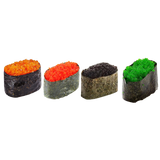 Four pieces of sushi with different toppings of Tobiko Flying Fish Roe Orange, Red, Green (Wasabi), and Black arranged in a straight line