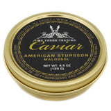 A tin can of American Sturgeon Caviar Container with black and gold label, net weight 4.5 oz. (125 g). View from side.