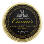 A tin can of American Sturgeon Caviar Container with black and gold label, net weight 4.5 oz. (125 g). View from top.