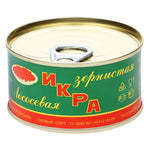 A can of Kamchatka Sockeye salmon roe. Caviar labeled in Russian, depicting images of red salmon caviar, with green and red color scheme.