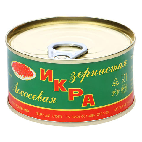 A can of Kamchatka Sockeye salmon roe. Caviar labeled in Russian, depicting images of red salmon caviar, with green and red color scheme.