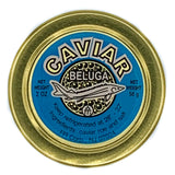 A can of River Beluga Gold Caviar with a label showing the brand name and a graphic of a fish. The can is gold in color with a blue label.