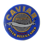 A blue tin of River Beluga Gold Caviar with a label showing the brand name and a graphic of a fish. The tin is blue in color with a gold label.
