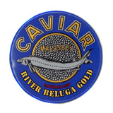 A blue tin of River Beluga Gold Caviar with a label showing the brand name and a graphic of a fish. The tin is blue in color with a gold label.