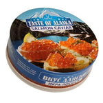 A can of Taste of Alaska Salmon Caviar featuring images of salmon roe and a mountainous landscape.