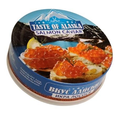 A can of Taste of Alaska Salmon Caviar featuring images of salmon roe and a mountainous landscape.